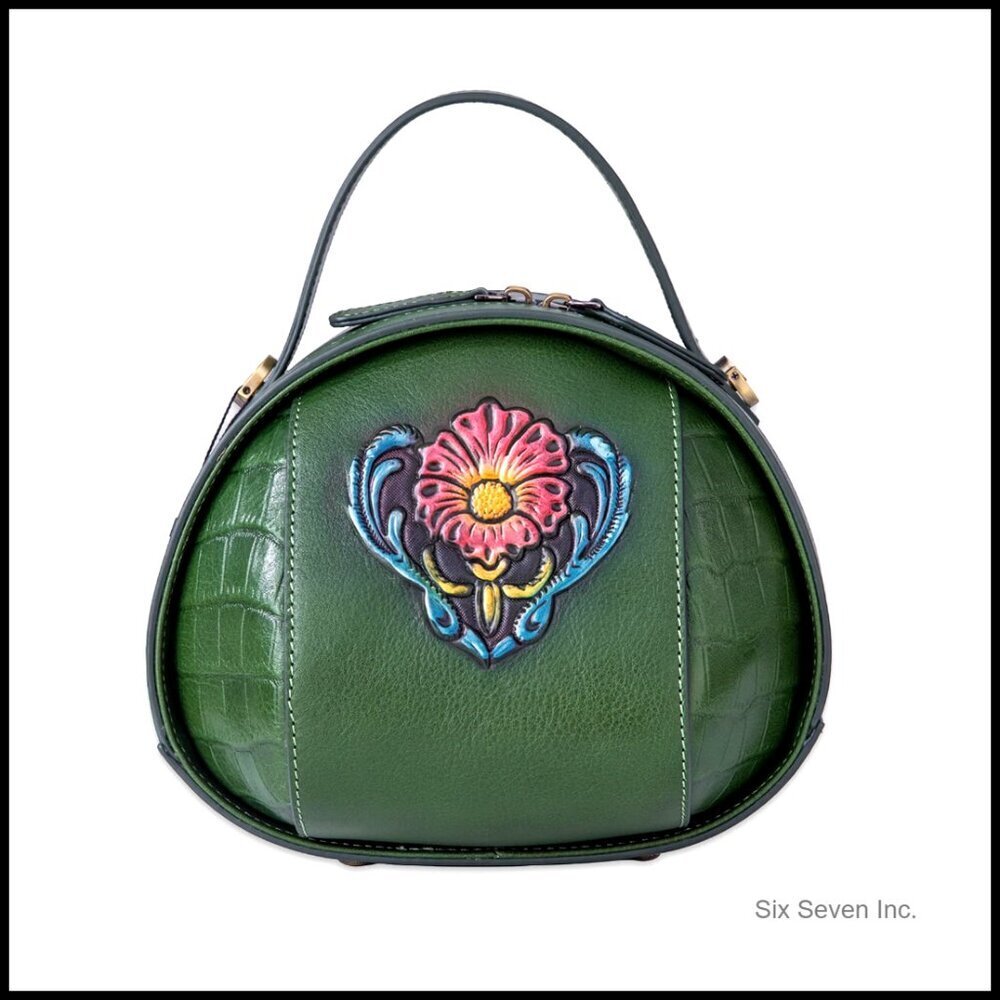 Vintage Genuine Leather Crossbody Bag Structured Top Handle Purse Hand-Embossed